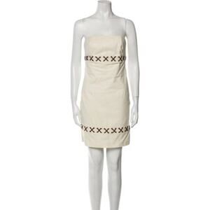 NWT Michael Kors Strapless White Dress Brown Leather Stitching Design Top size 6